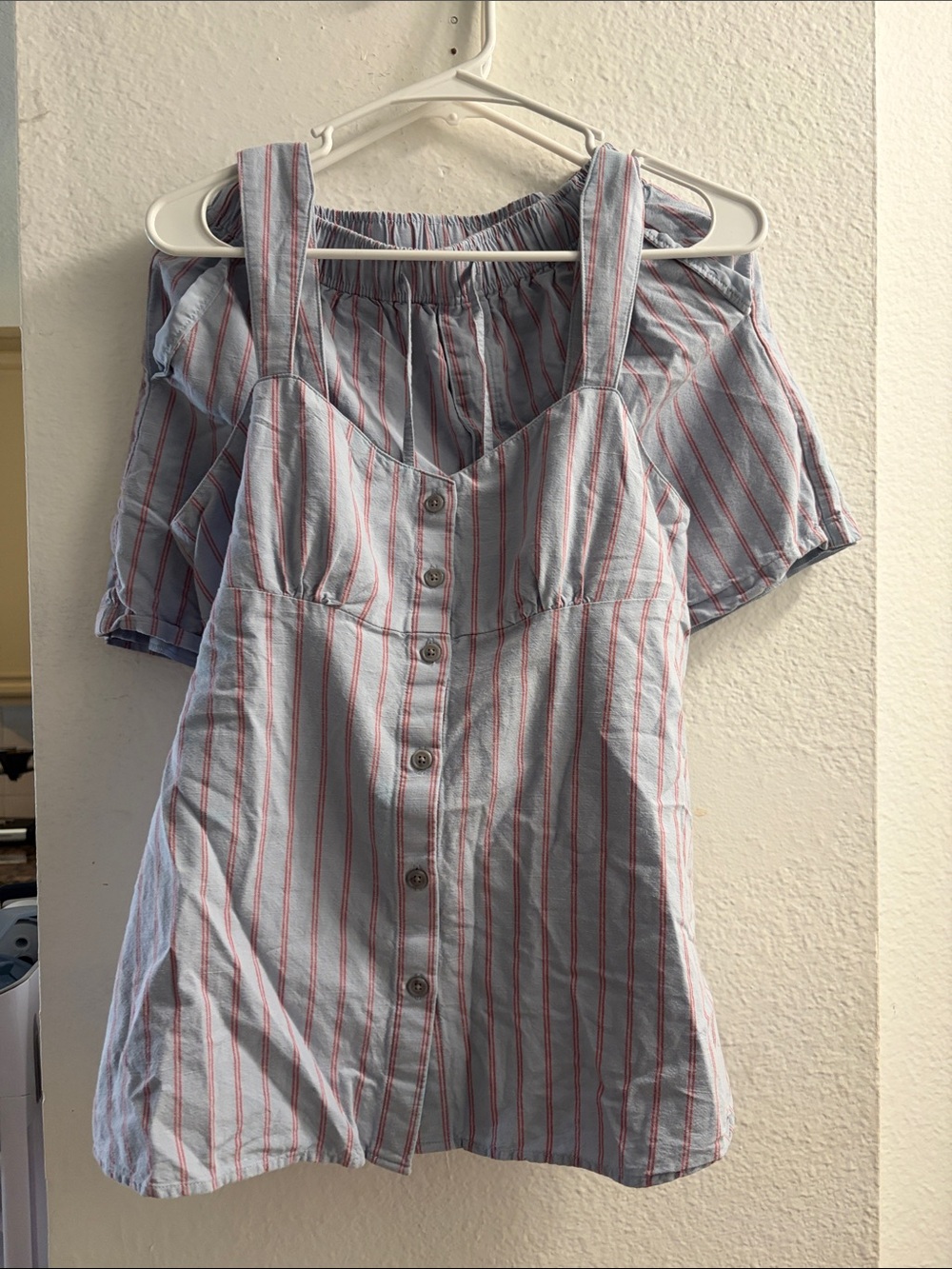 Striped Cold-Shoulder Button-Front Women's Dress - Light Blue with Red Stripes